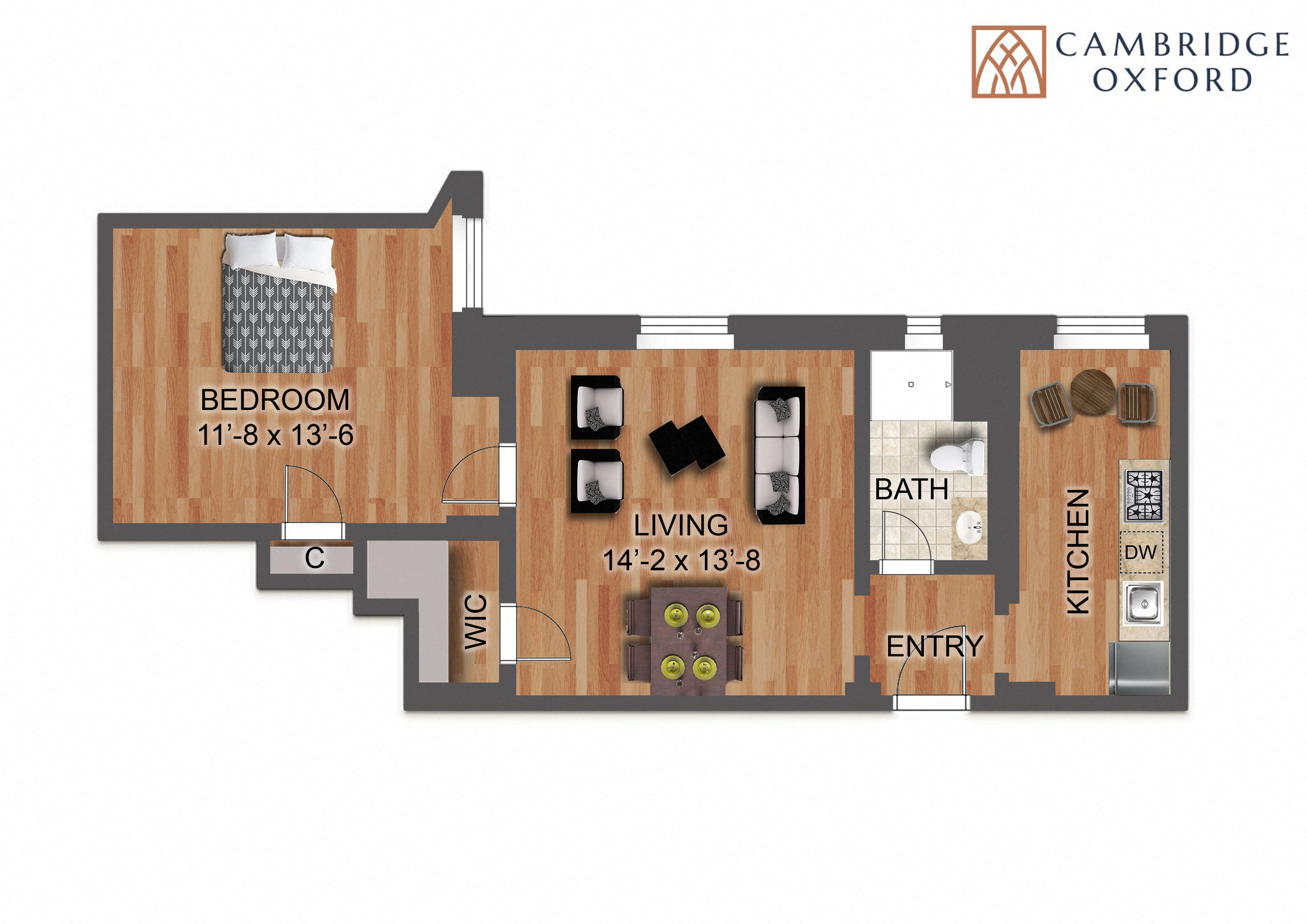 Floor plan for 1 bed, 1 bath, 530 sqft